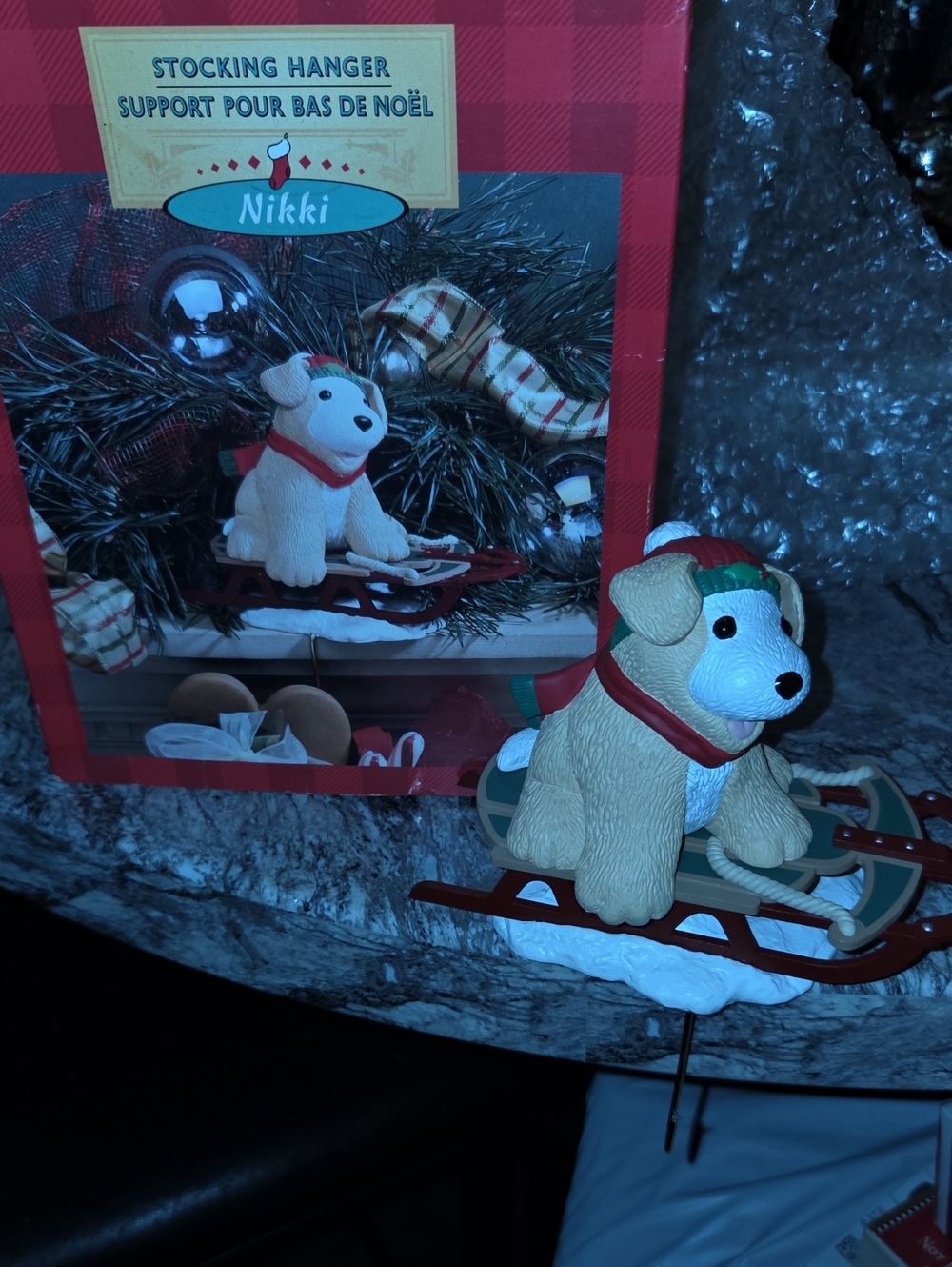 Holiday Stocking Hanger - Cream & Red Dog on Sled